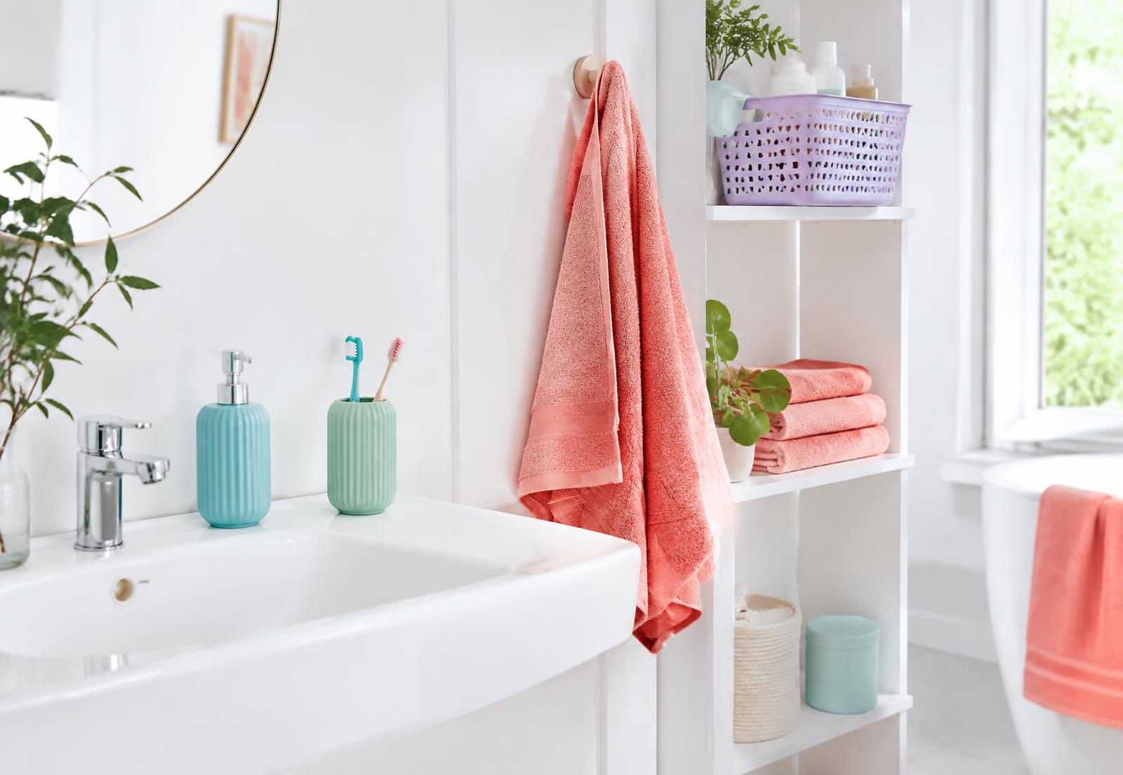 Bright bathroom with colourful accessories